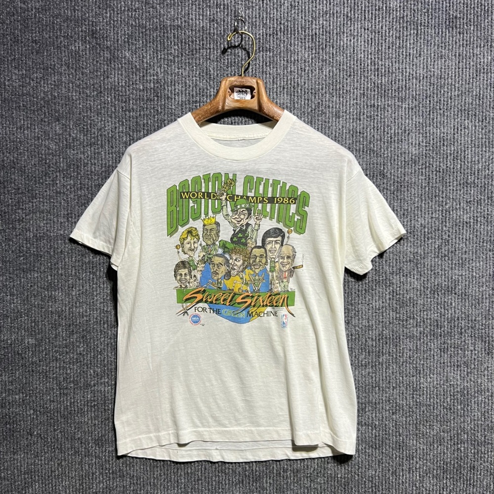 Vintage Boston Celtics T Shirt Mens M White 1986 Champs Big Head NBA Larry Bird